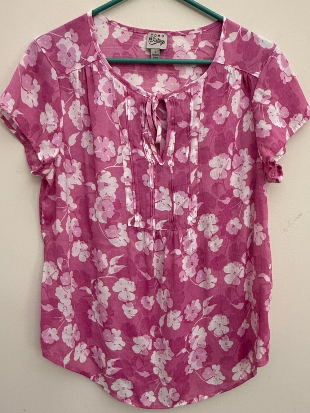 Pink & White Floral Short Sleeve Shirt - Como Vintage Size Large